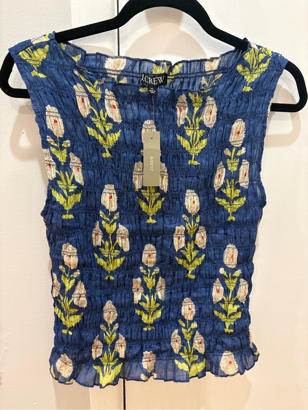 NWT J.Crew Smocked Shell Top in Marigold block-print ramie
